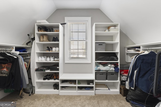 spacious closet with carpet flooring and vaulted ceiling