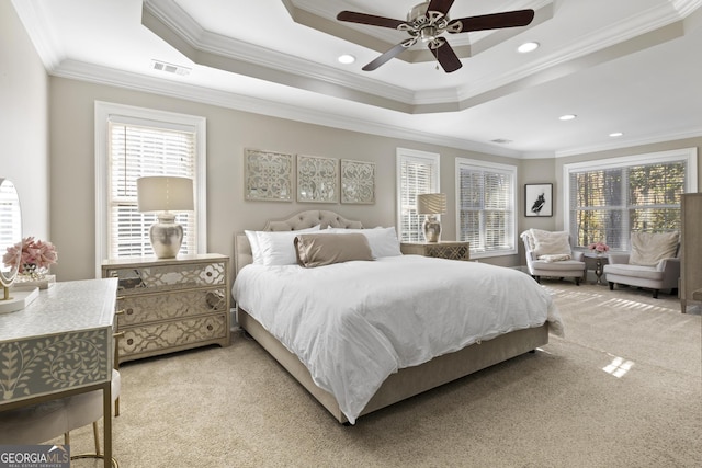 bedroom with a raised ceiling, ceiling fan, and ornamental molding