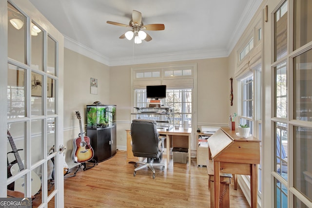 office featuring crown molding, light hardwood / wood-style flooring, french doors, and ceiling fan