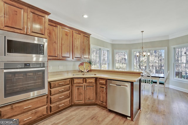 kitchen with a healthy amount of sunlight, ornamental molding, and stainless steel appliances