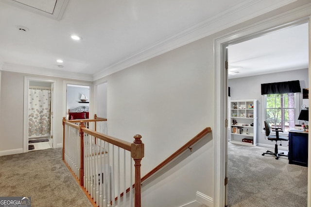 hall with crown molding and light colored carpet