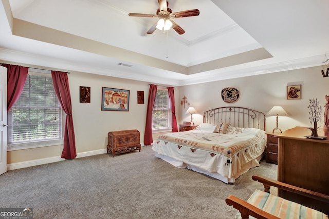 bedroom featuring crown molding, a tray ceiling, and carpet