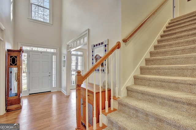 entryway featuring hardwood / wood-style flooring and a high ceiling