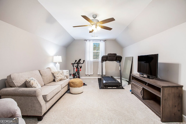 workout area with ceiling fan, lofted ceiling, and carpet floors