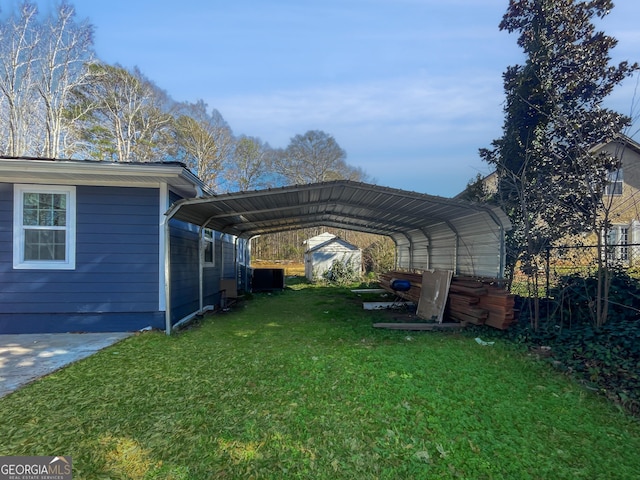 view of parking / parking lot with a carport and a lawn