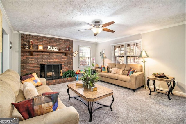 living room featuring light colored carpet, ornamental molding, and a textured ceiling