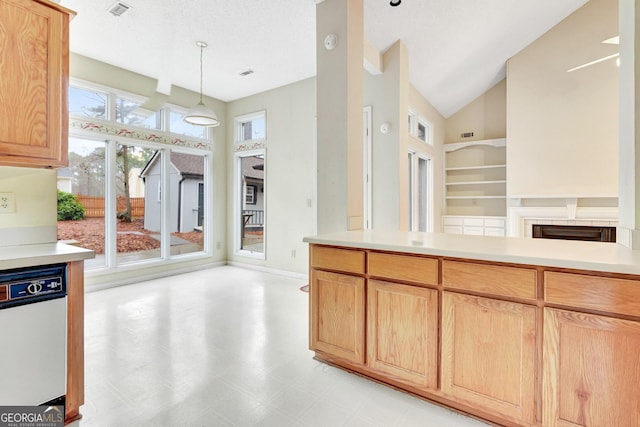 kitchen with white dishwasher, light brown cabinetry, hanging light fixtures, and a wealth of natural light