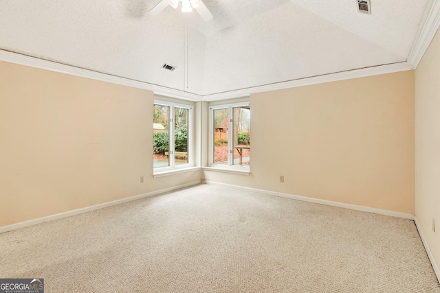 spare room featuring crown molding, ceiling fan, carpet, and a textured ceiling