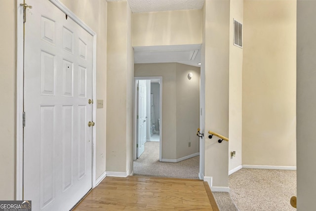 hall featuring light carpet and a textured ceiling