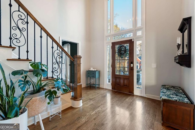 foyer with wood-type flooring and a towering ceiling