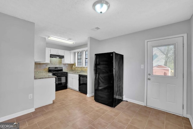 kitchen with decorative backsplash, sink, white cabinetry, and black appliances