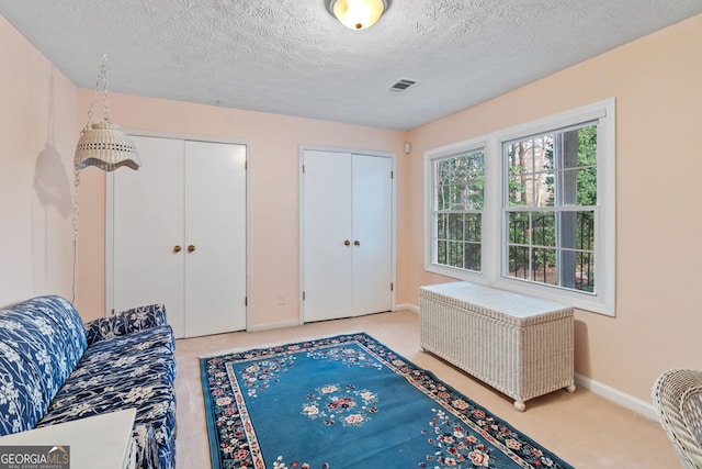 living area featuring radiator, light carpet, and a textured ceiling