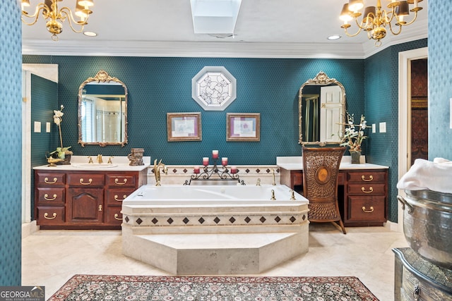 bathroom featuring an inviting chandelier, vanity, crown molding, and tiled bath