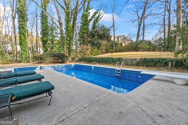 view of swimming pool with a patio area and a diving board