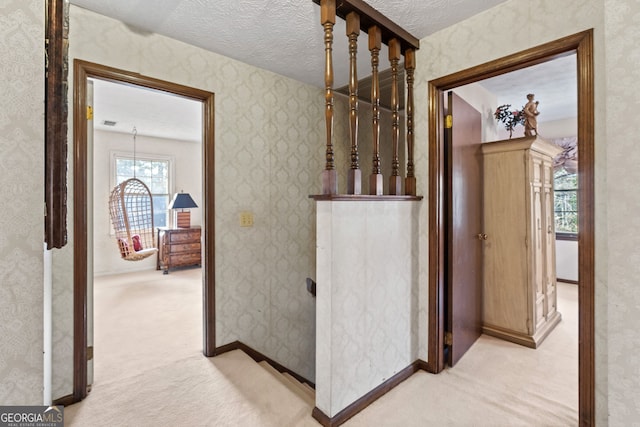 hall featuring light carpet and a textured ceiling