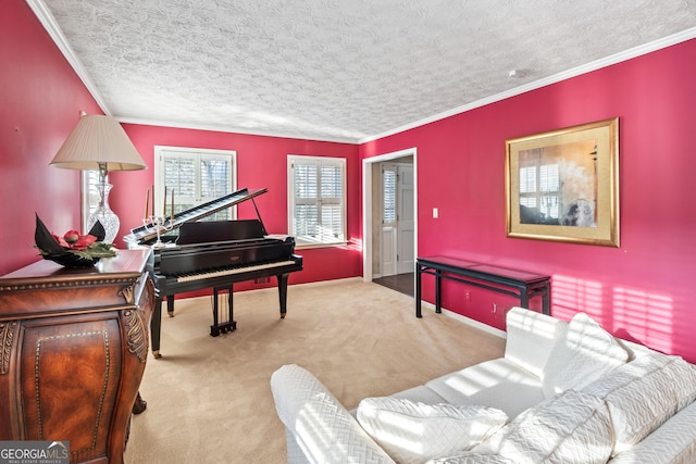 living area with ornamental molding, carpet, and a textured ceiling