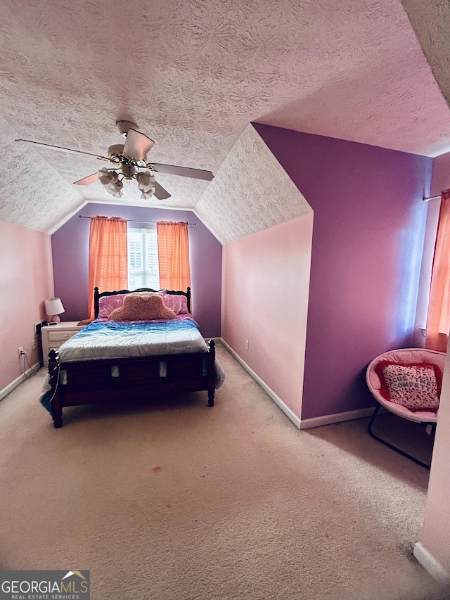 bedroom featuring light carpet, ceiling fan, and lofted ceiling