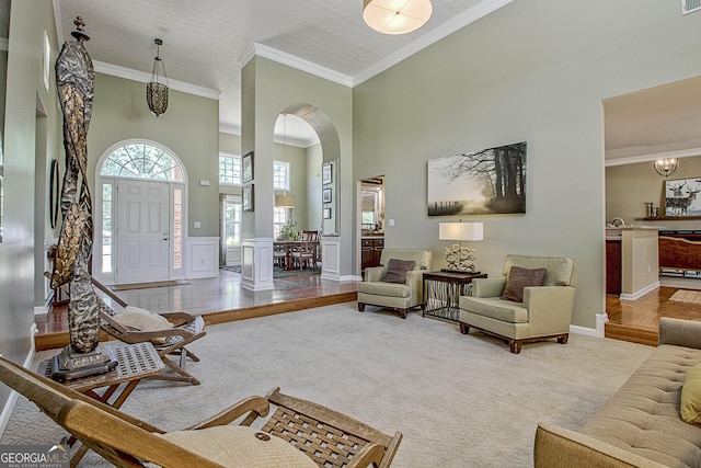 living room featuring crown molding, carpet floors, and a high ceiling