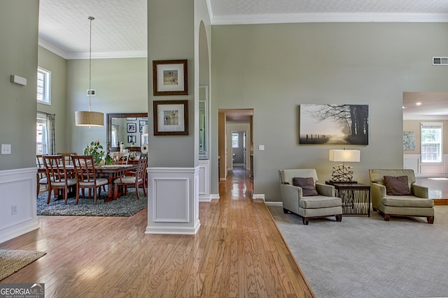 living room with light wood-type flooring and ornamental molding