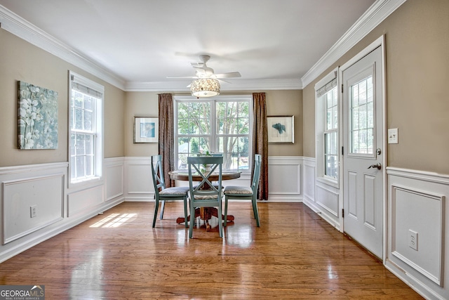 dining area with wood-type flooring, crown molding, ceiling fan, and a healthy amount of sunlight