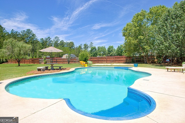 view of pool with a yard and a patio