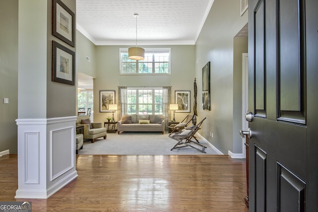 foyer entrance featuring dark wood-type flooring and ornamental molding