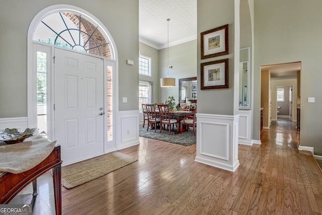 foyer with wood-type flooring, ornamental molding, and a towering ceiling