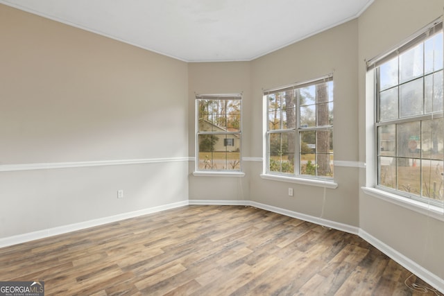 spare room with ornamental molding and hardwood / wood-style flooring