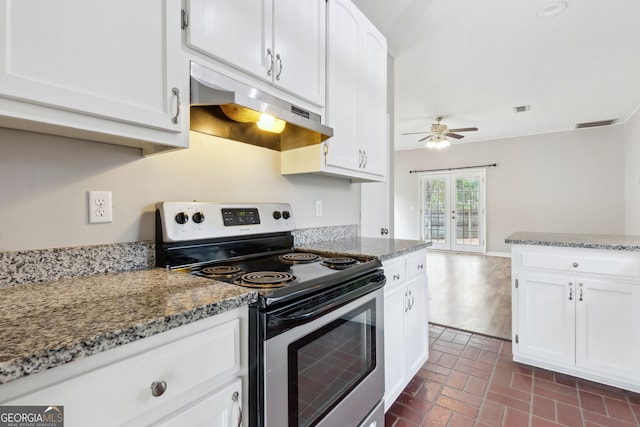 kitchen with french doors, white cabinets, electric stove, ceiling fan, and stone countertops