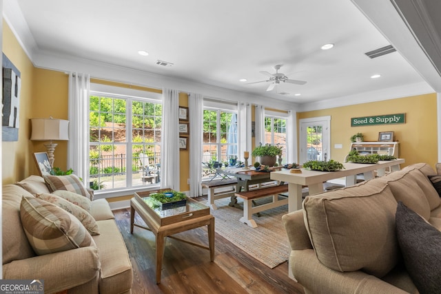 living room featuring a wealth of natural light, dark hardwood / wood-style flooring, ceiling fan, and crown molding