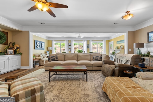 living room featuring light hardwood / wood-style flooring, a healthy amount of sunlight, and crown molding