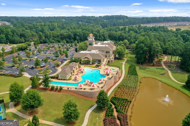 drone / aerial view featuring a water view