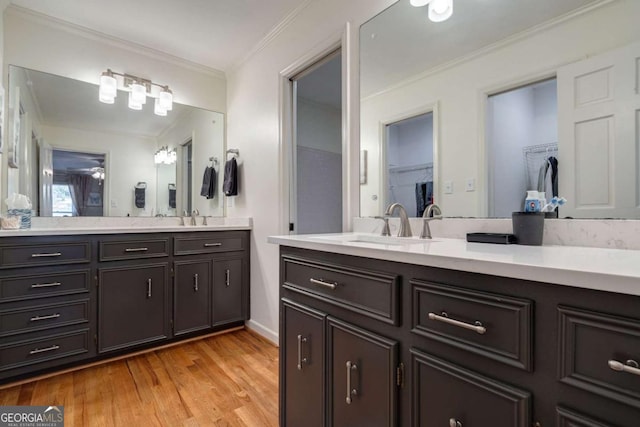 bathroom with crown molding, vanity, and wood-type flooring