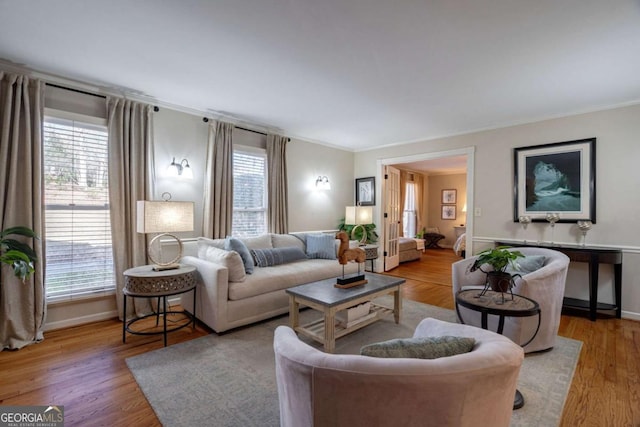 living room with plenty of natural light, light hardwood / wood-style floors, and ornamental molding