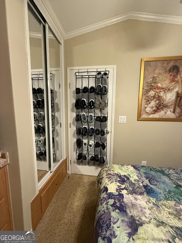 carpeted bedroom featuring crown molding and a closet