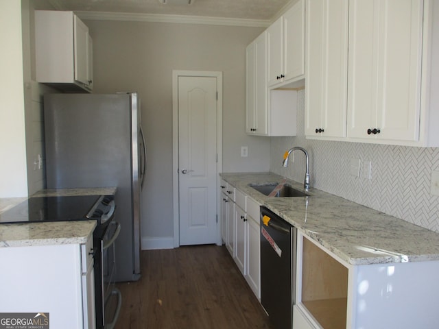 kitchen with electric range oven, light stone counters, sink, black dishwasher, and white cabinetry