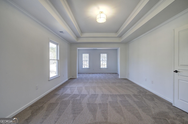 carpeted empty room featuring a tray ceiling and crown molding