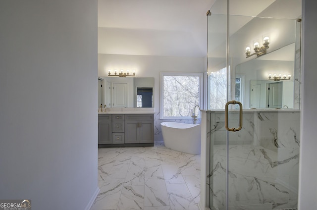 bathroom featuring plus walk in shower and vanity