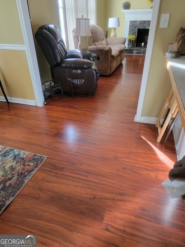 living room featuring dark wood-type flooring and a fireplace