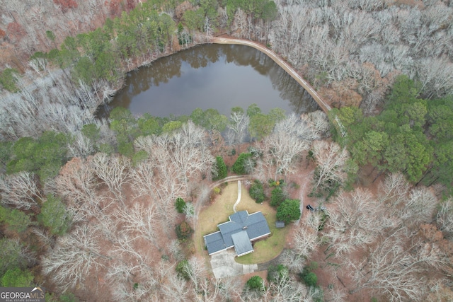 drone / aerial view with a water view