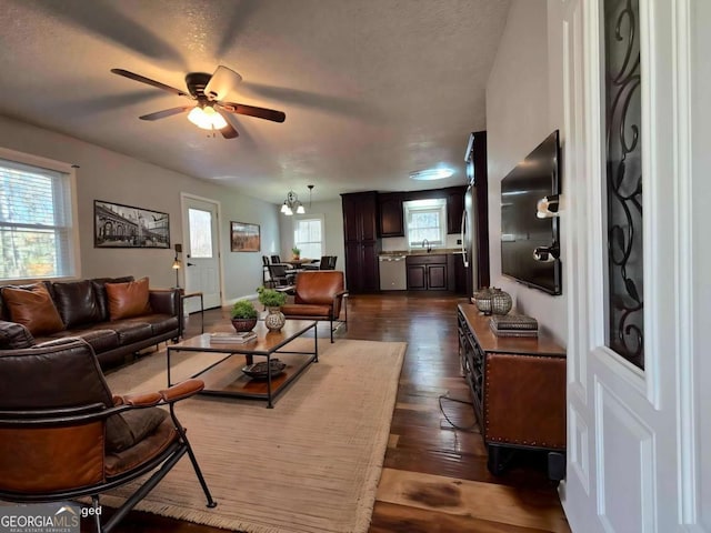 living room with a textured ceiling, sink, dark wood-type flooring, and ceiling fan with notable chandelier