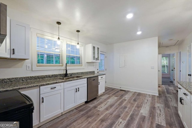 kitchen featuring stone counters, sink, white cabinets, and stainless steel dishwasher