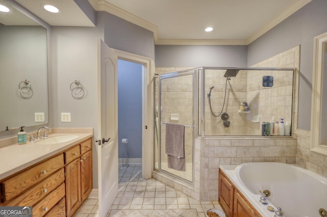 bathroom featuring tile patterned floors, vanity, independent shower and bath, and ornamental molding