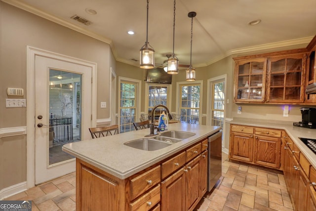 kitchen with ornamental molding, sink, a center island with sink, dishwasher, and hanging light fixtures