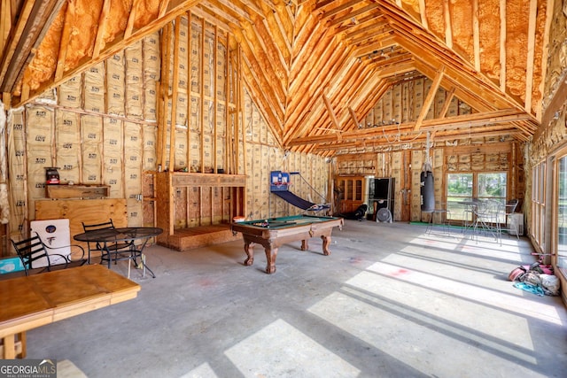 playroom featuring high vaulted ceiling and pool table