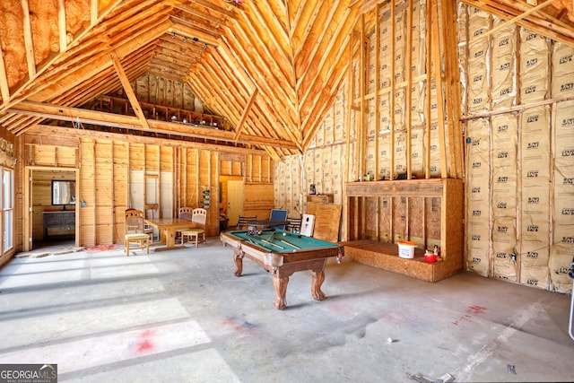 recreation room with billiards and vaulted ceiling