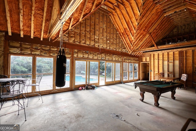 playroom featuring high vaulted ceiling and billiards