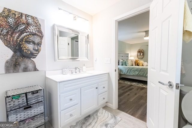 bathroom featuring ceiling fan, hardwood / wood-style floors, and vanity