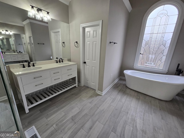 bathroom with a washtub, vanity, and hardwood / wood-style flooring