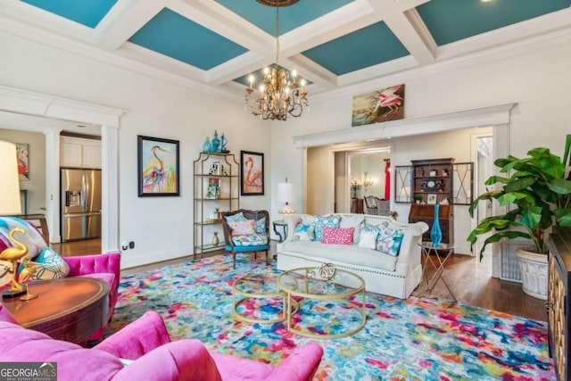 living room with beam ceiling, dark wood-type flooring, coffered ceiling, and ornamental molding